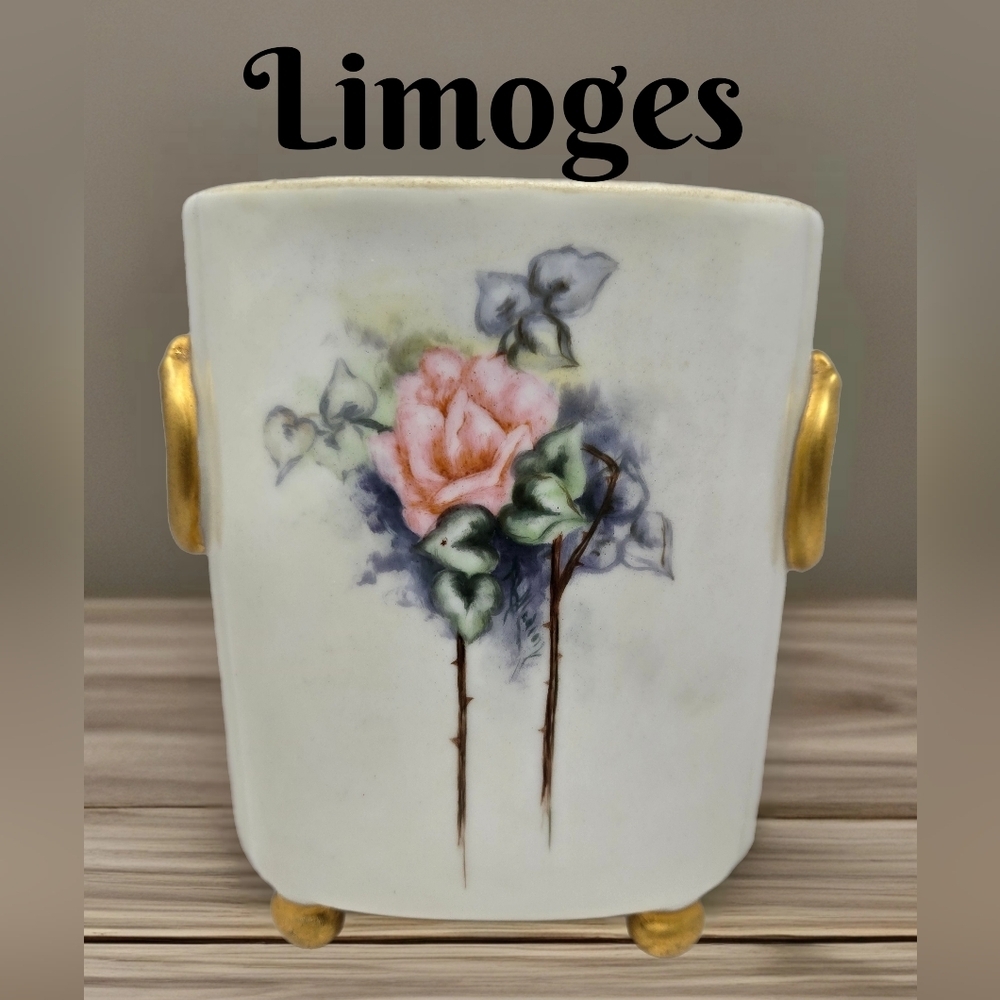 Antique Limoges France Cachepot Porcelain Hand-painted Pink Rose William Guerin